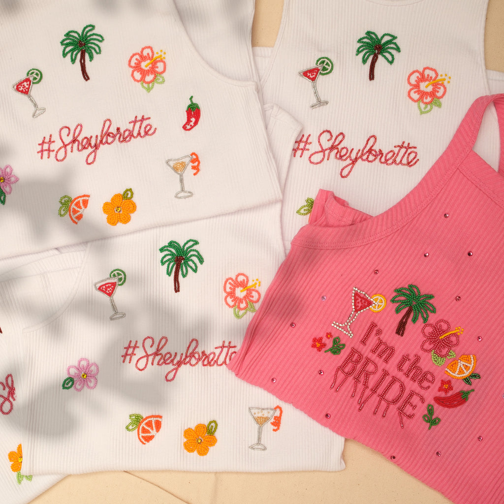 Kit de camisetas bordadas en canutillo: esqueleto rosa I'm the Bride para la novia y esqueletos blancos #Sheylorette para el grupo